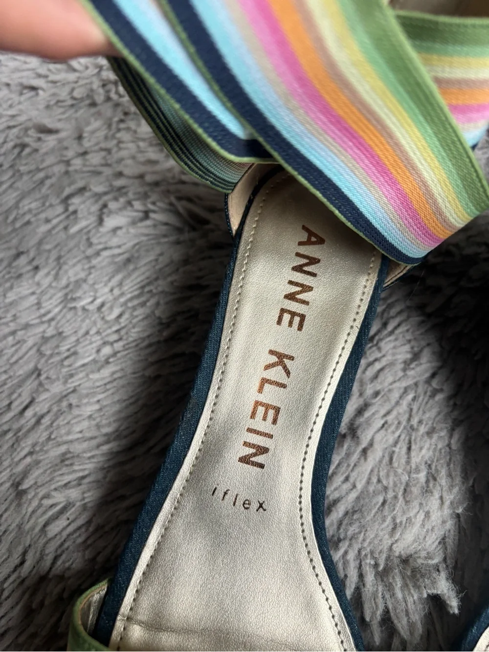Anne Klein Denim Wedge bright rainbow strap Iflex Akvedette sandal Size 8